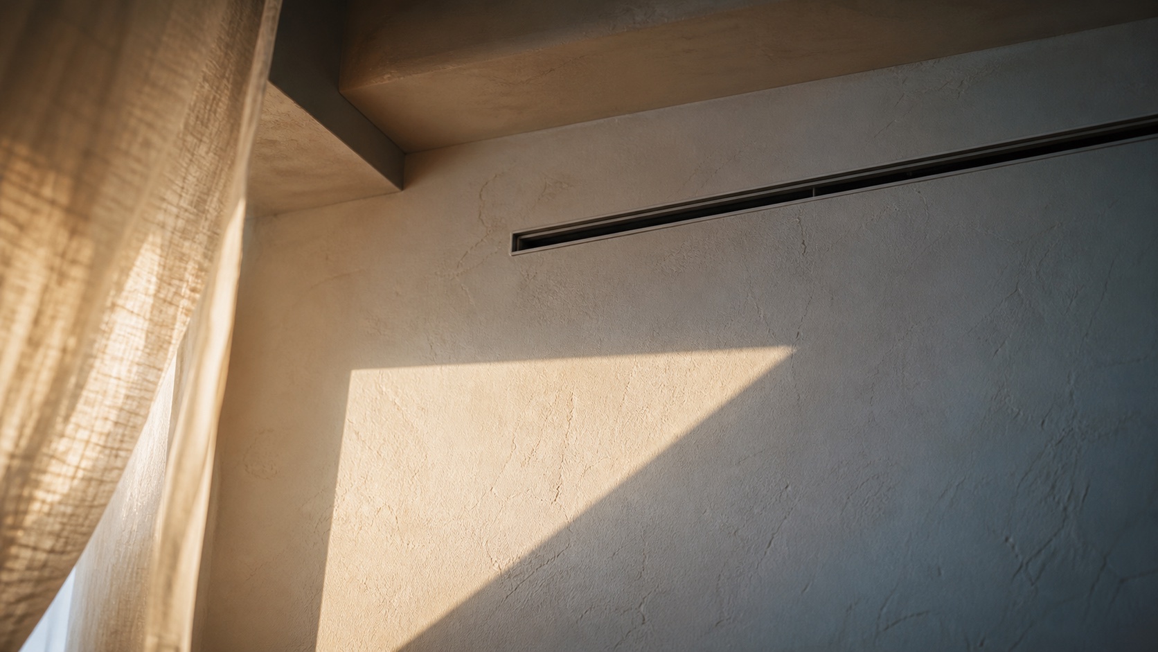 Linear air vent set into a softly lit plaster wall