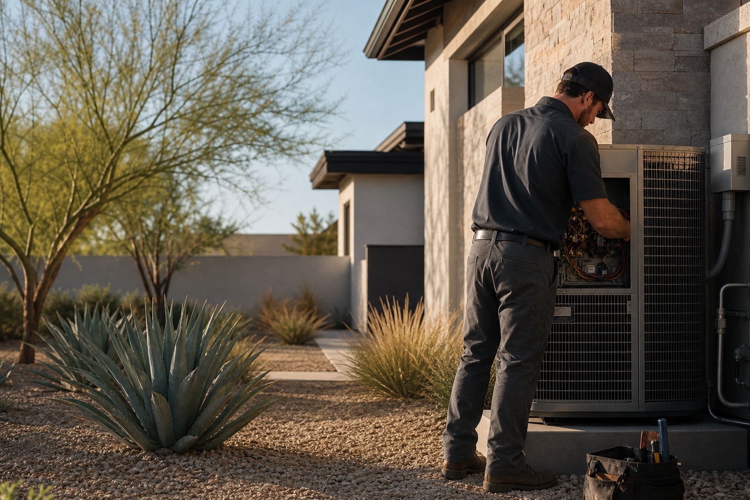 Technician inspecting an outdoor heat-pump system beside a Phoenix home
