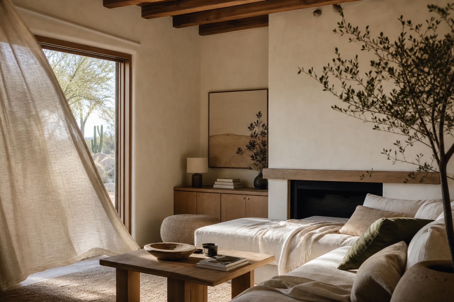 Sunlit Phoenix living room with a sheer curtain moving gently in the airflow