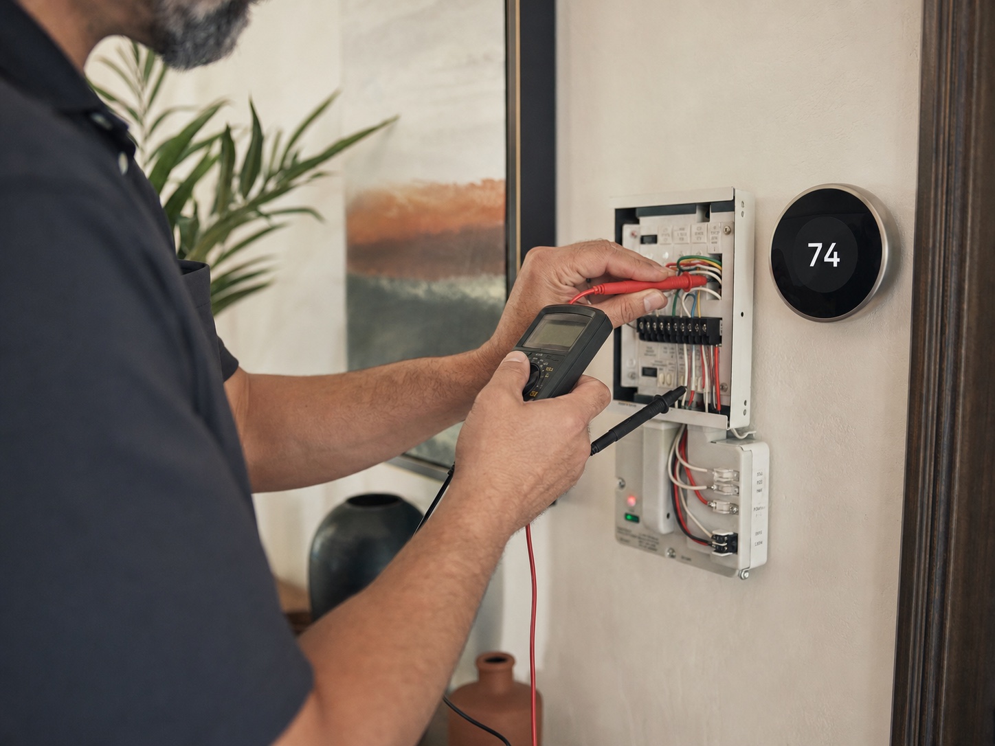 Technician using a multimeter to carefully diagnose a residential climate-control system